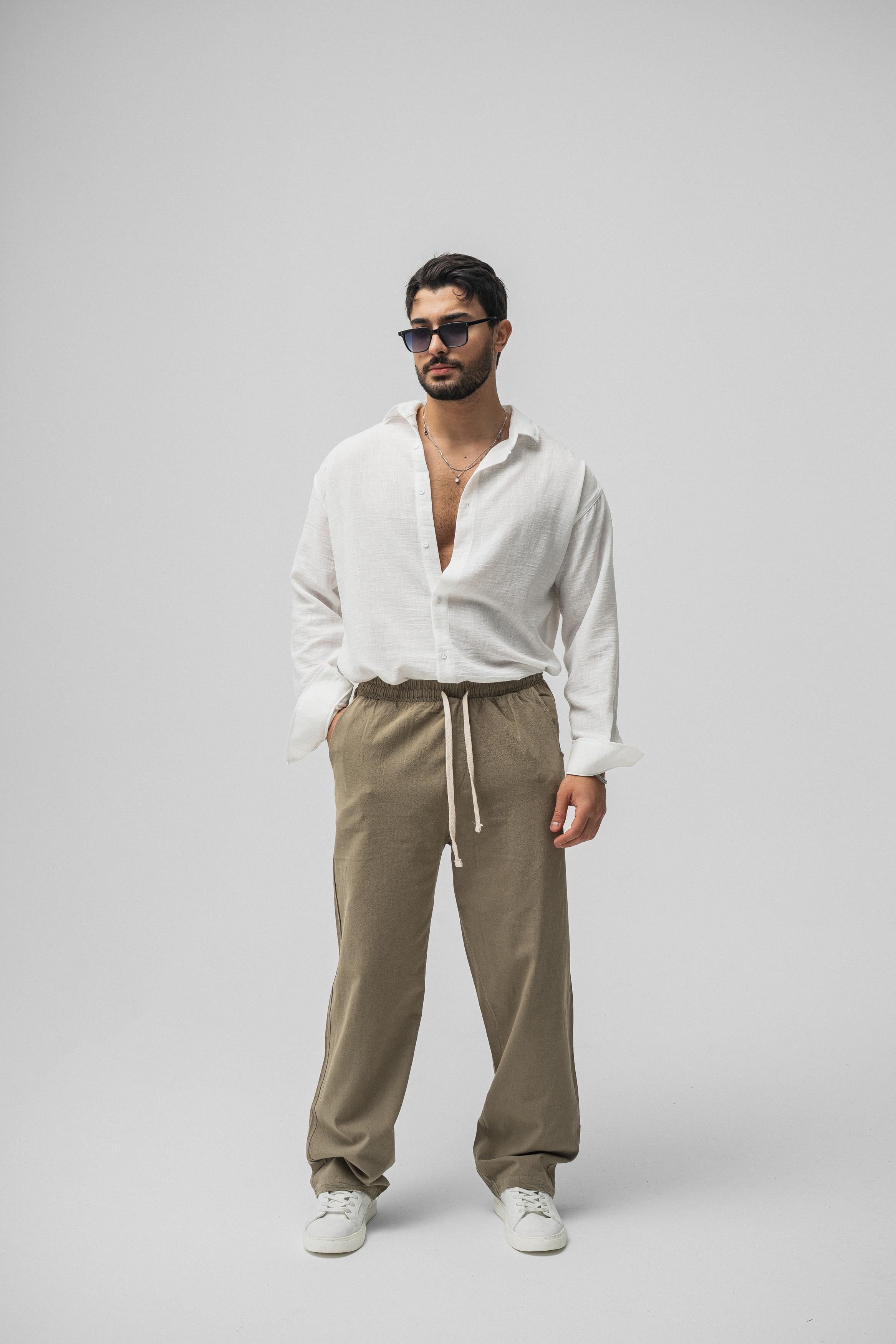 Linen Bel Bağlamalı Baggy Haki
