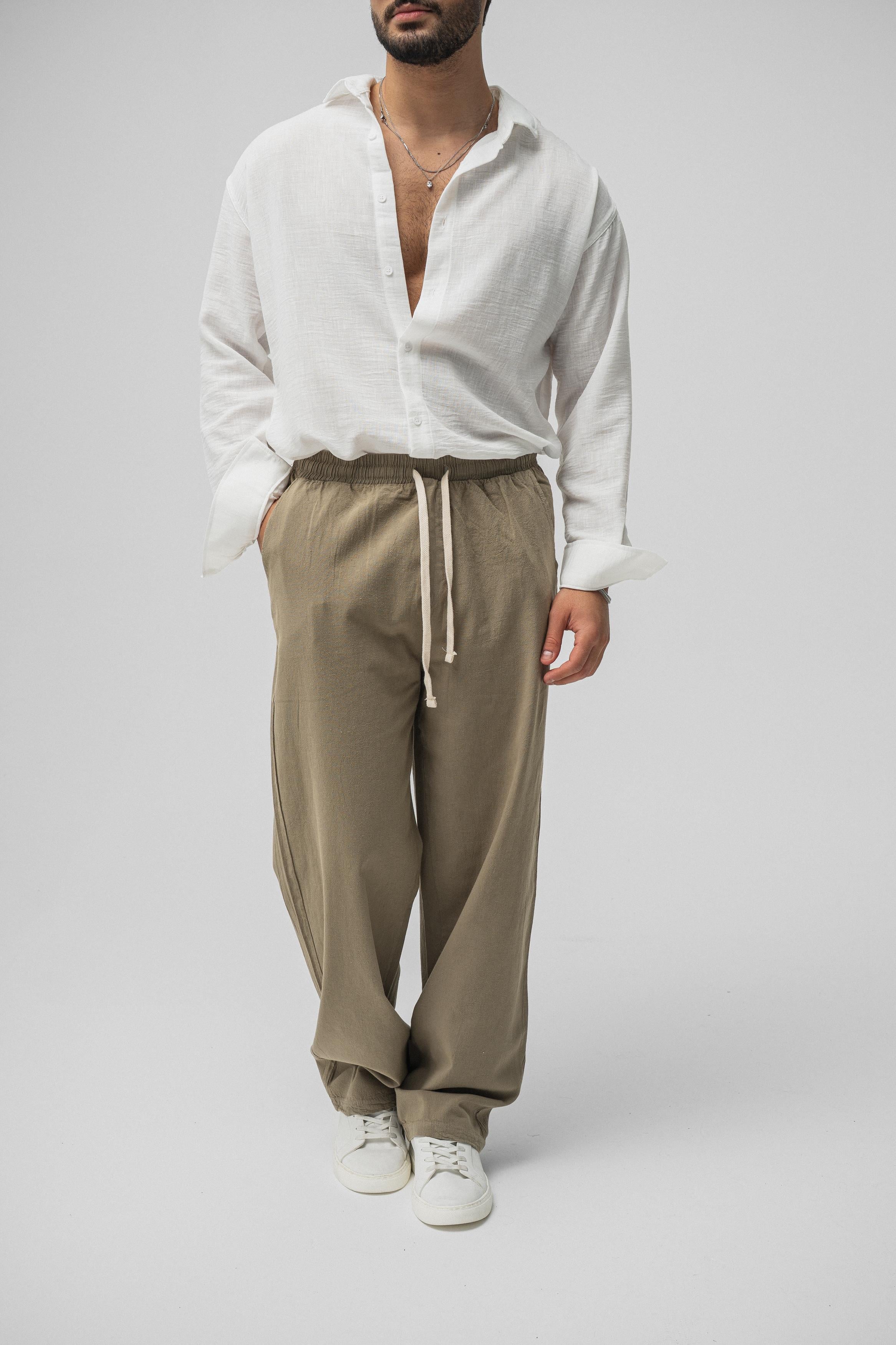 Linen Bel Bağlamalı Baggy Haki