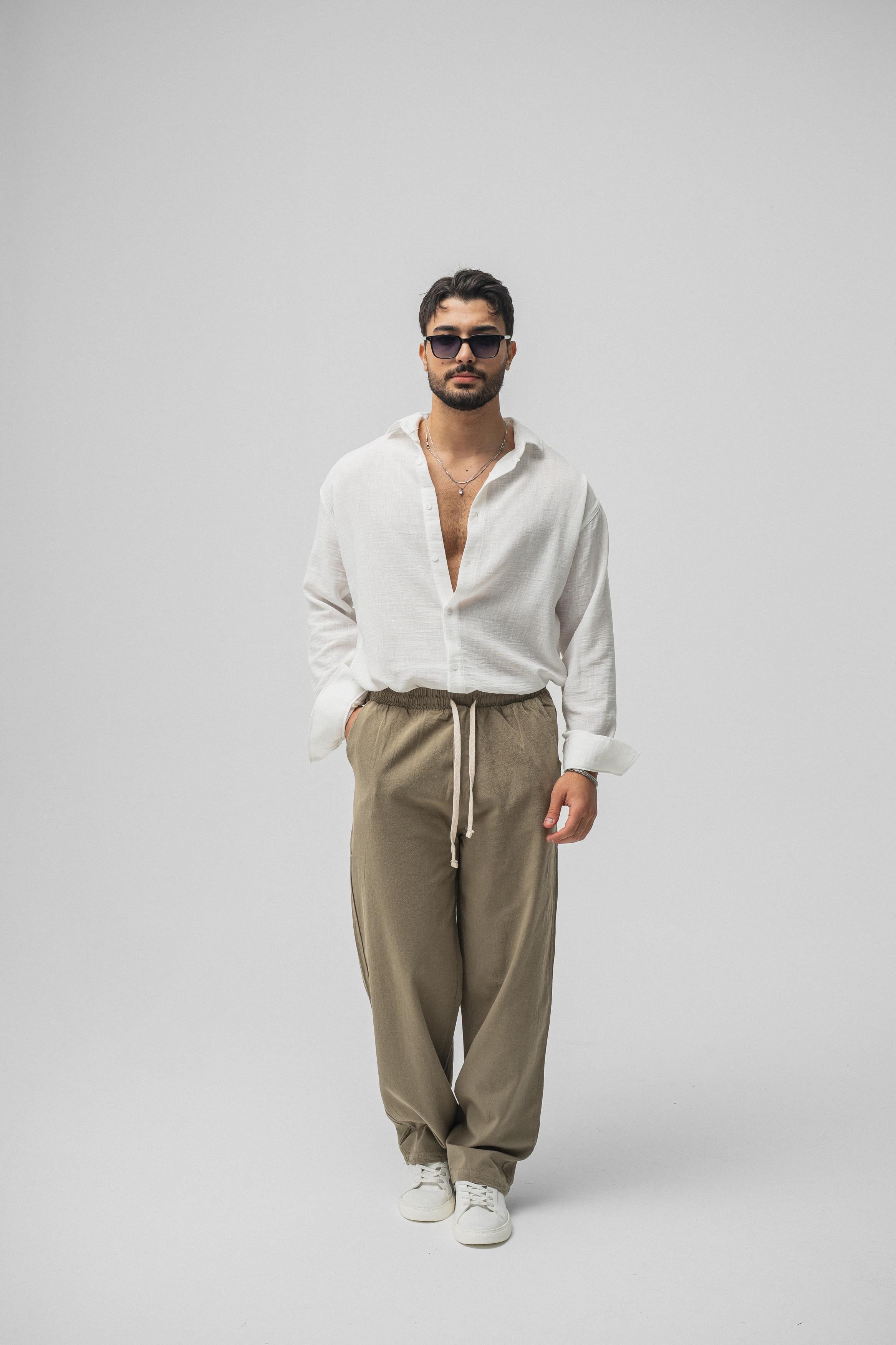 Linen Bel Bağlamalı Baggy Haki