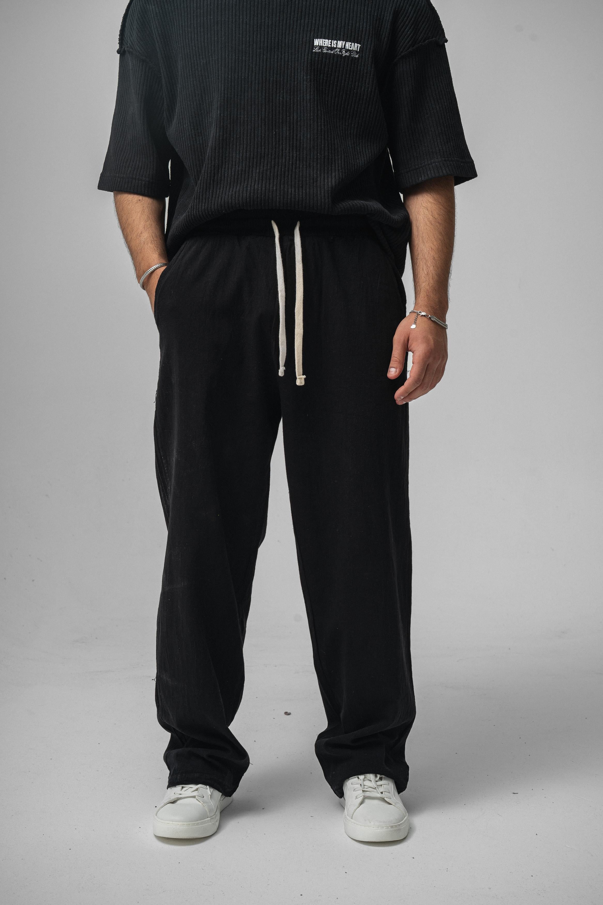 Linen Bel Bağlamalı Baggy Siyah
