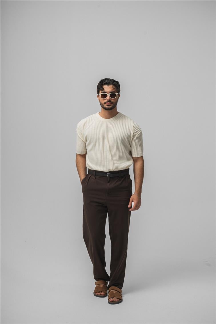 Loose Fit Ribbed T-Shirt Krem