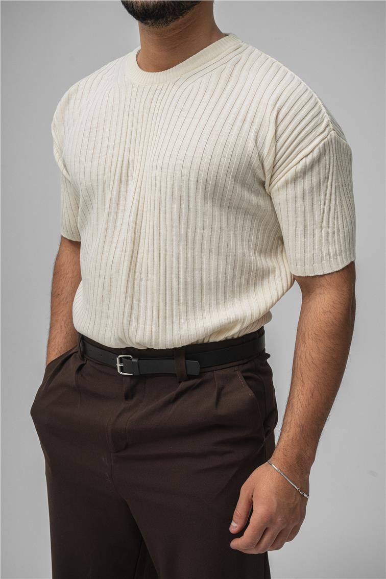 Loose Fit Ribbed T-Shirt Krem
