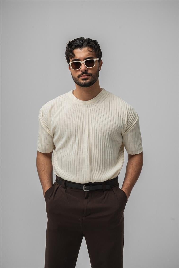 Loose Fit Ribbed T-Shirt Krem