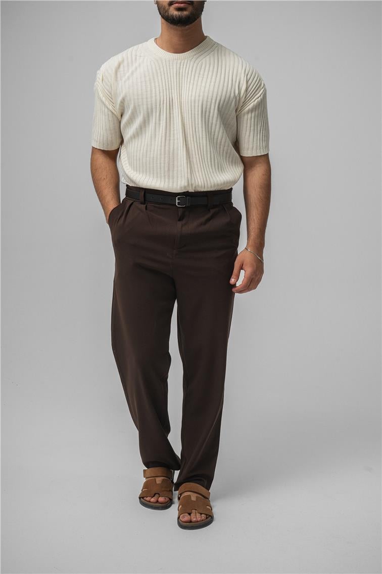 Loose Fit Ribbed T-Shirt Krem