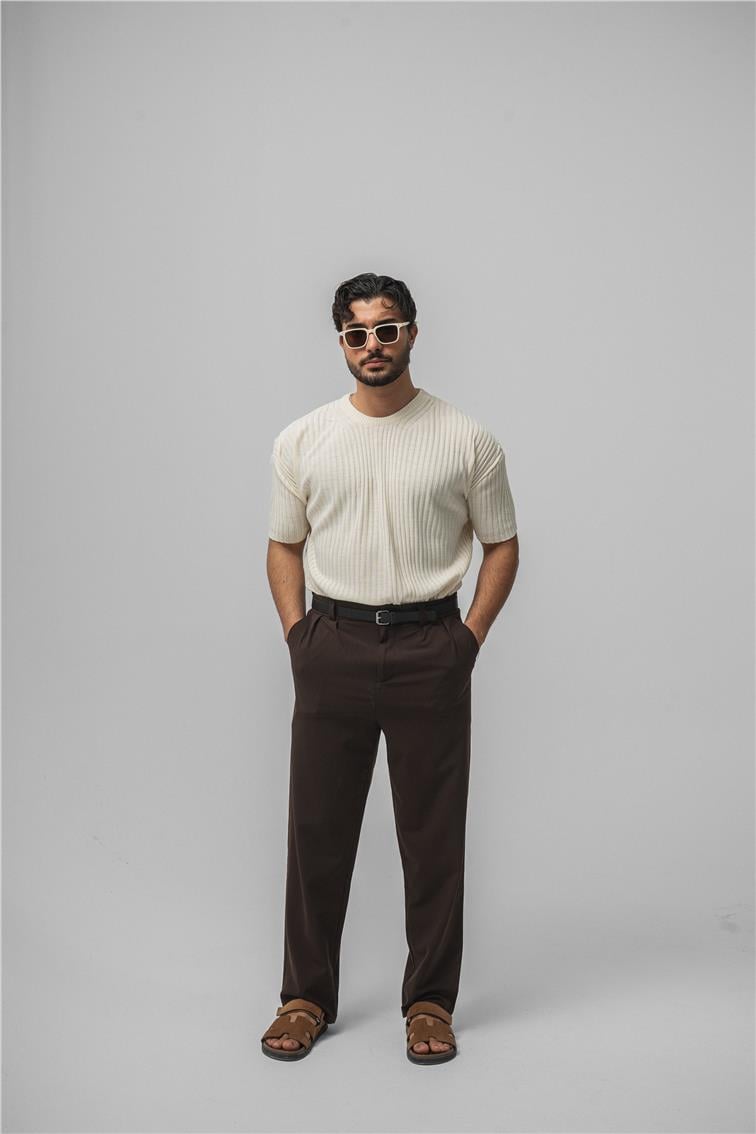 Loose Fit Ribbed T-Shirt Krem