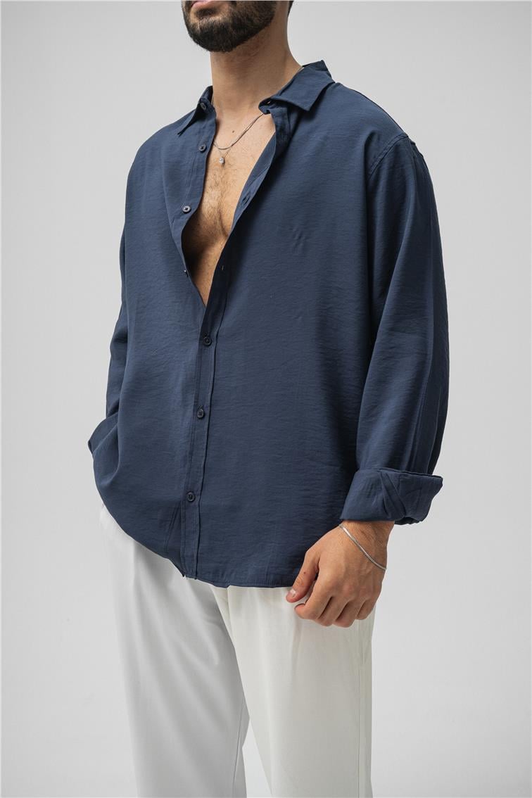 Lyocell Kumaş Oversize Gömlek Lacivert