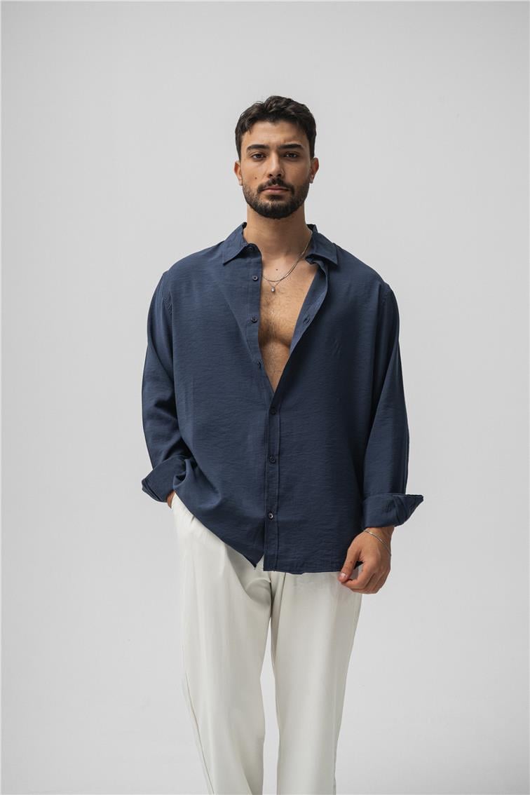 Lyocell Kumaş Oversize Gömlek Lacivert