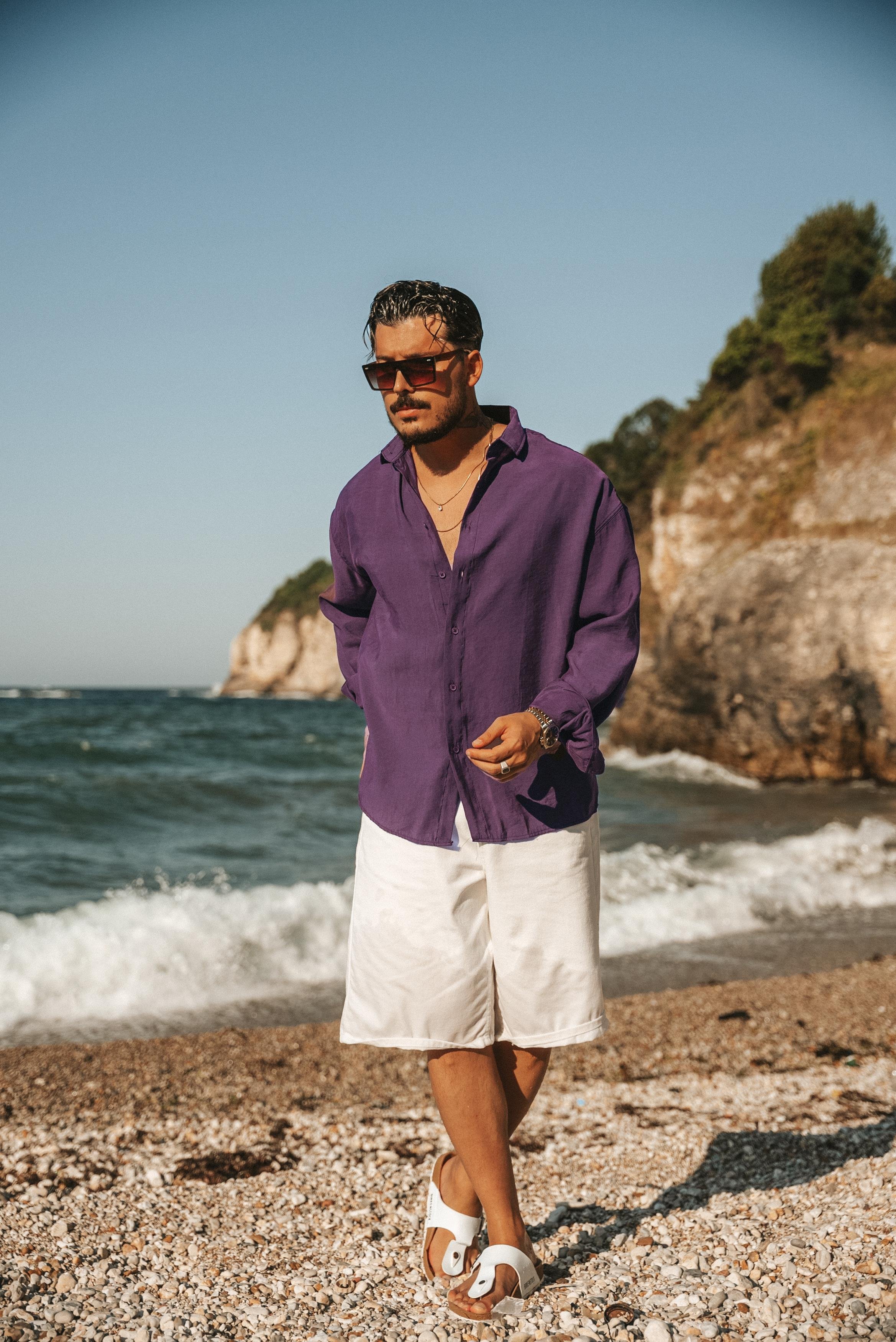 Lyocell Kumaş Oversize Gömlek Mor