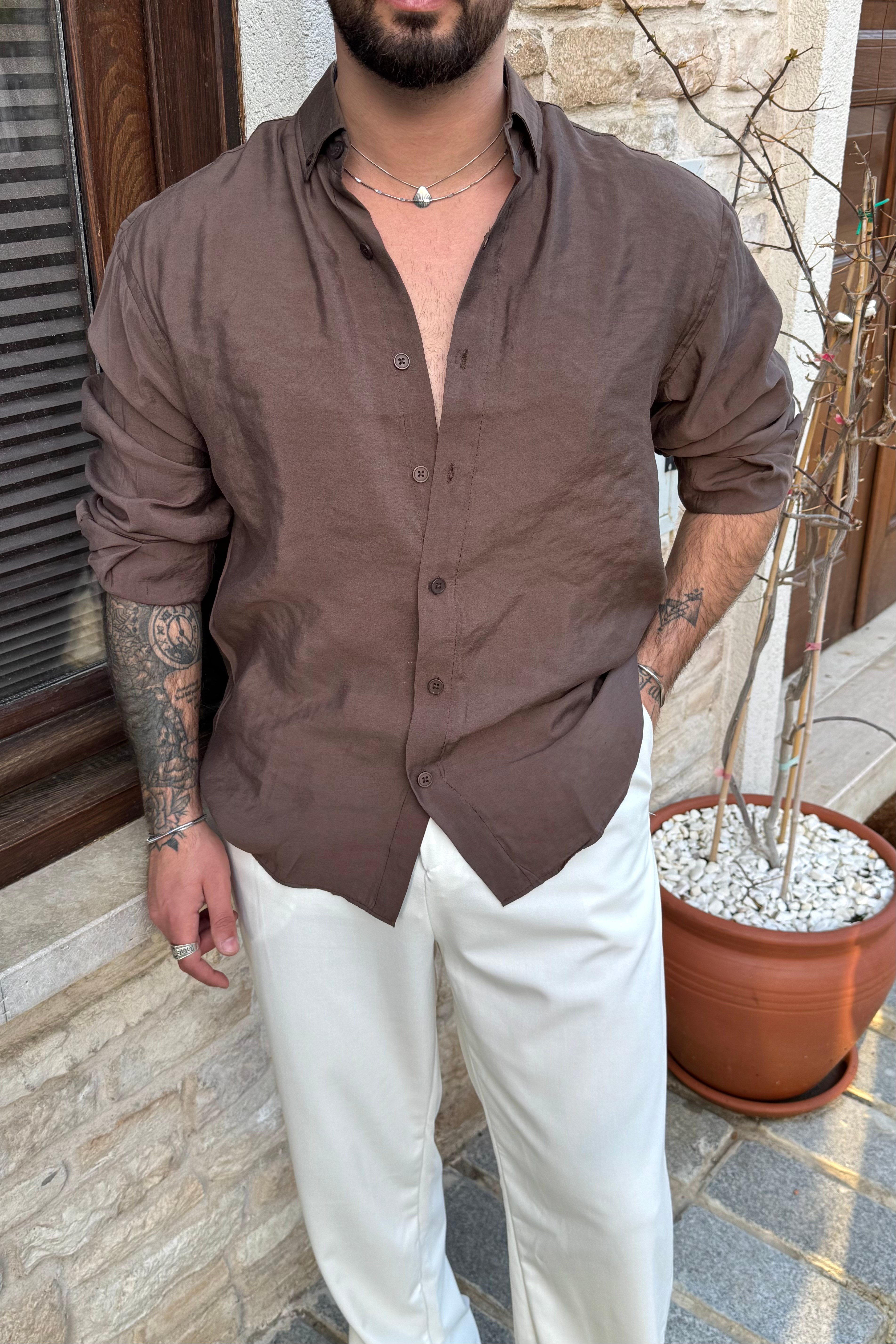 Lyocell Organik Basic Oversize Gömlek Kahve