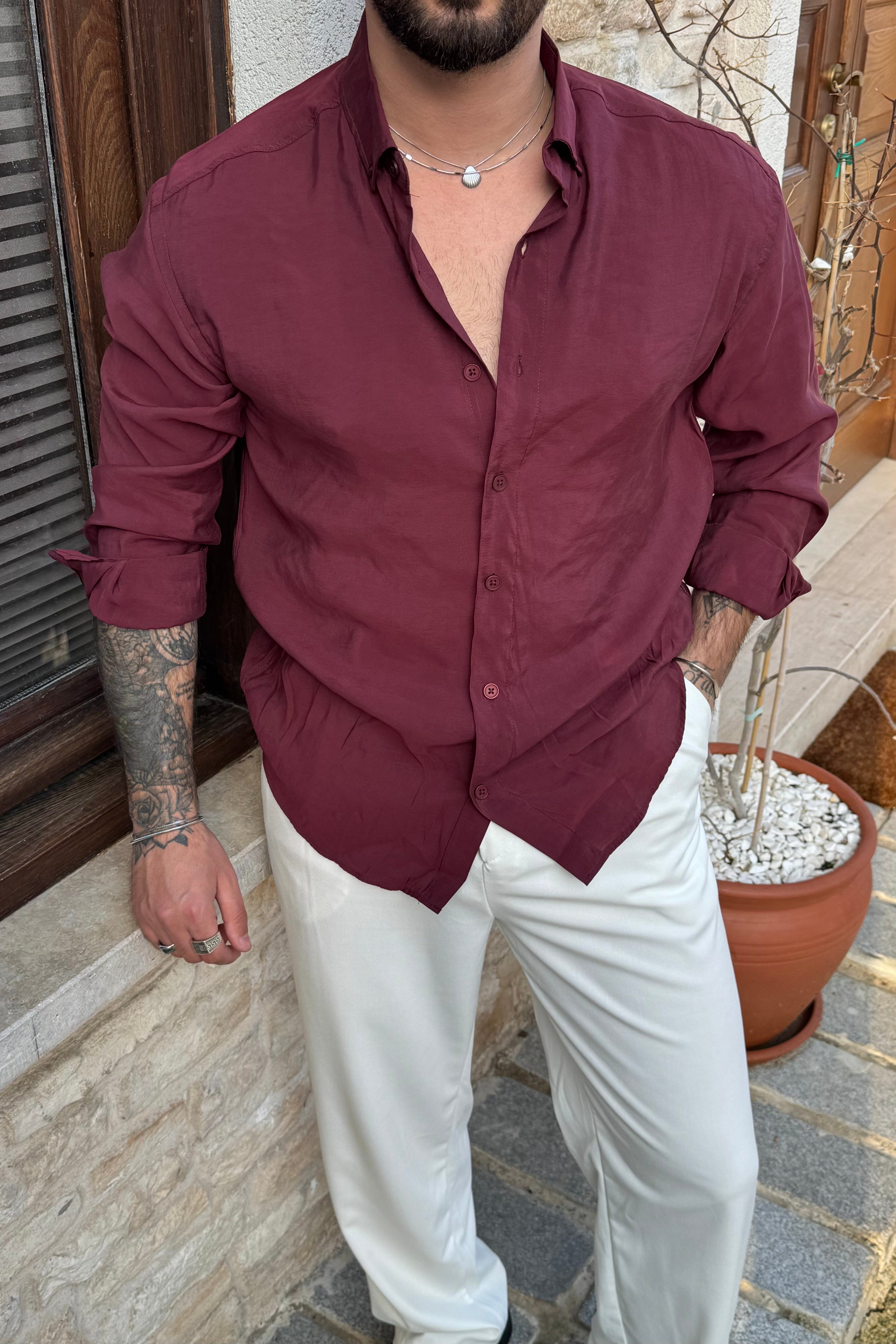 Lyocell Organik Basic Oversize Gömlek Bordo