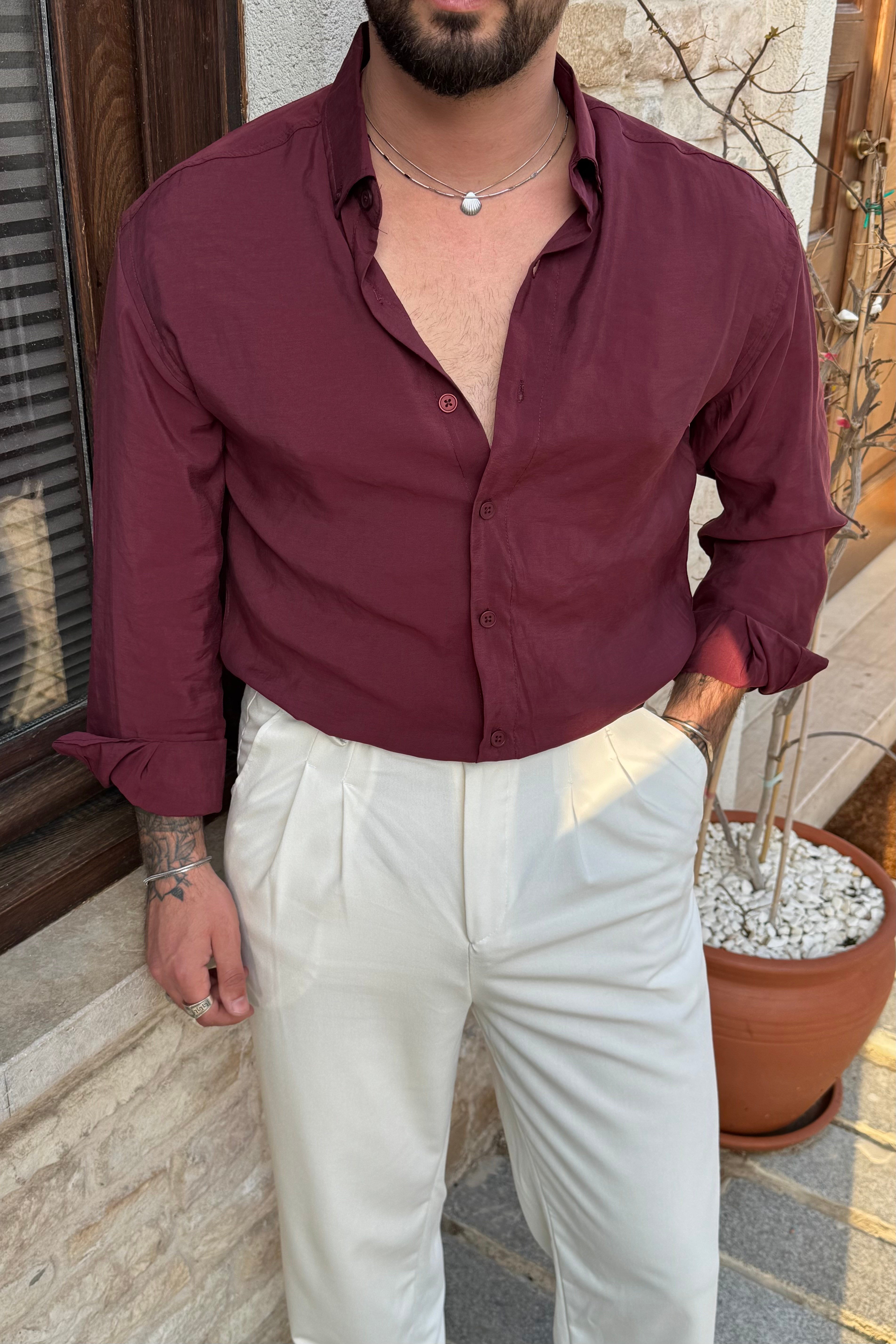Lyocell Organik Basic Oversize Gömlek Bordo