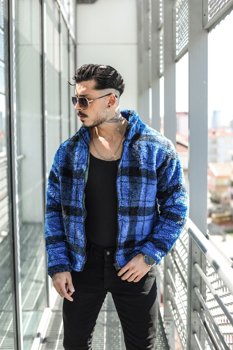 Mavi-Siyah Peluş Oversize Ceket