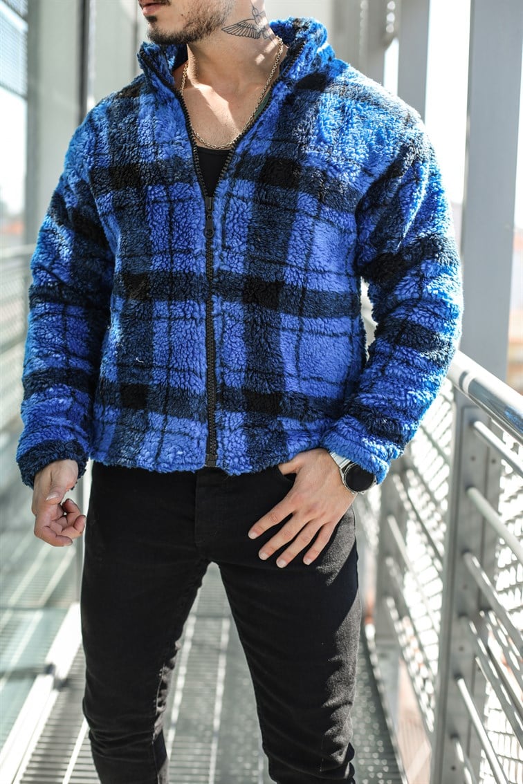 Mavi-Siyah Peluş Oversize Ceket