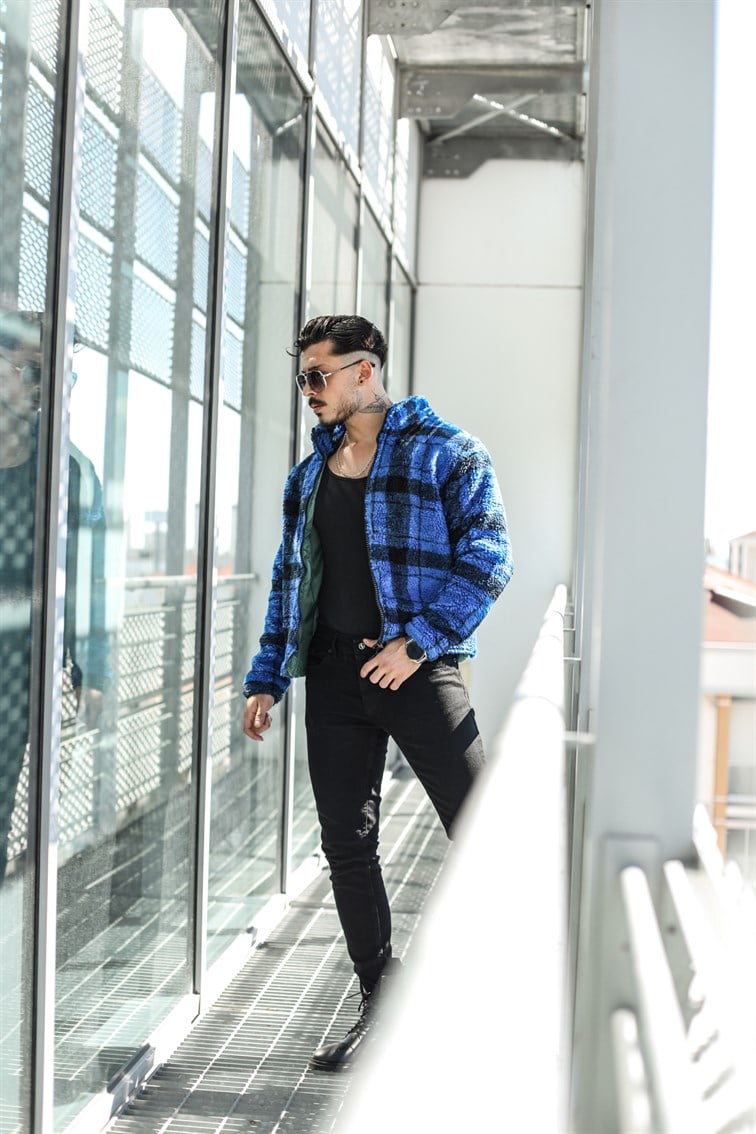 Mavi-Siyah Peluş Oversize Ceket