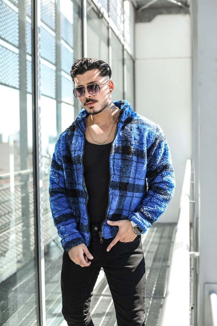 Mavi-Siyah Peluş Oversize Ceket
