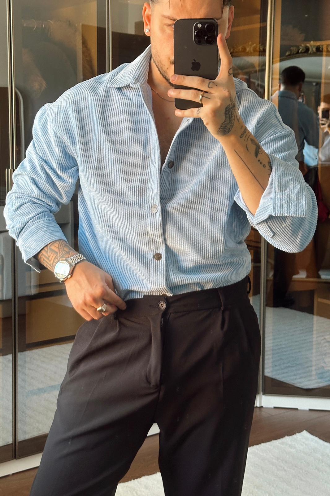 Metal Düğmeli Bol Kadife Gömlek Mavi