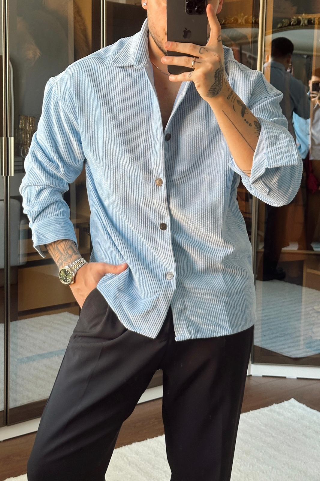 Metal Düğmeli Bol Kadife Gömlek Mavi