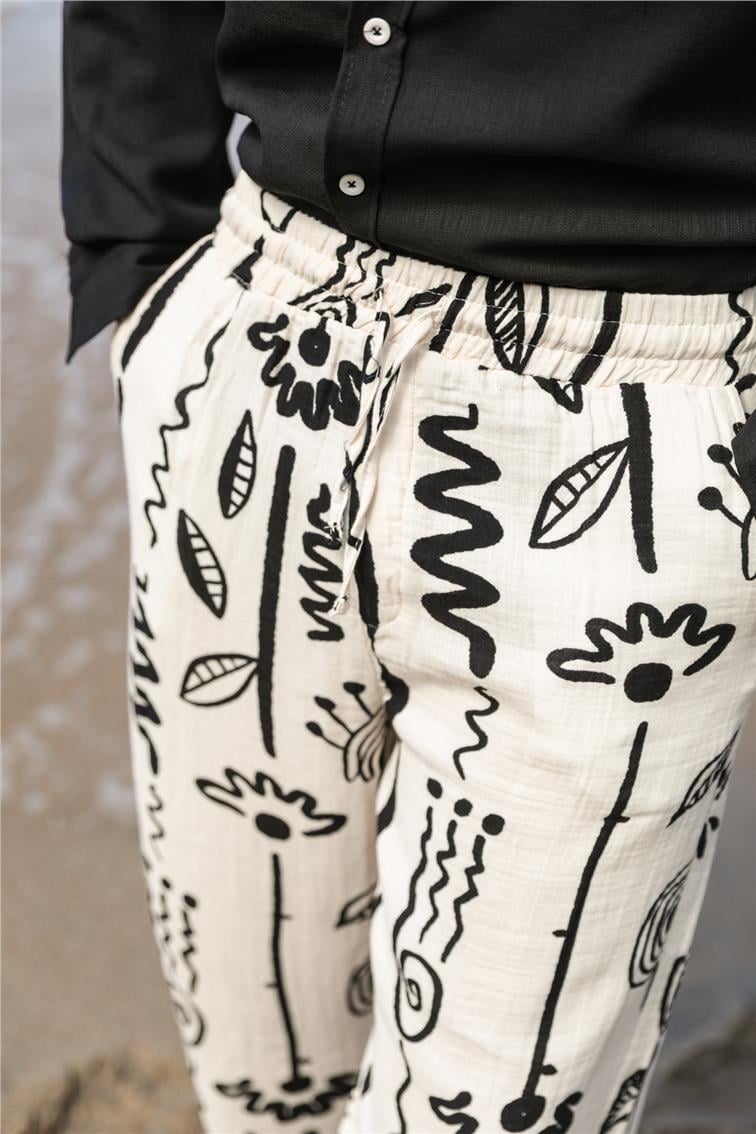 Müslin Desenli Baggy Pantolon Krem