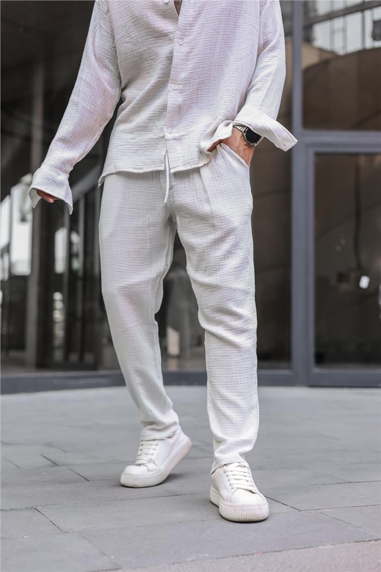 Müslin Kumaş Baggy Pantolon Kırık Beyaz