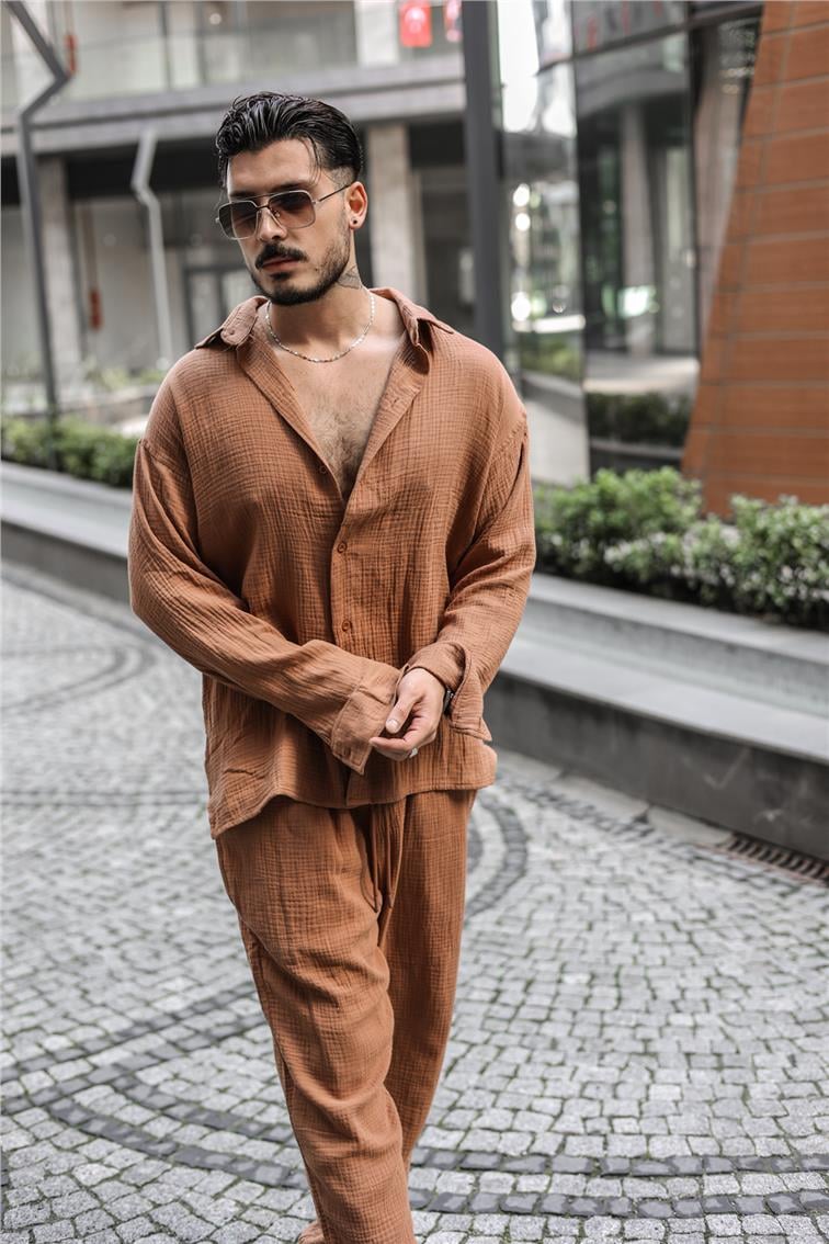 Müslin Kumaş Oversize Gömlek Taba