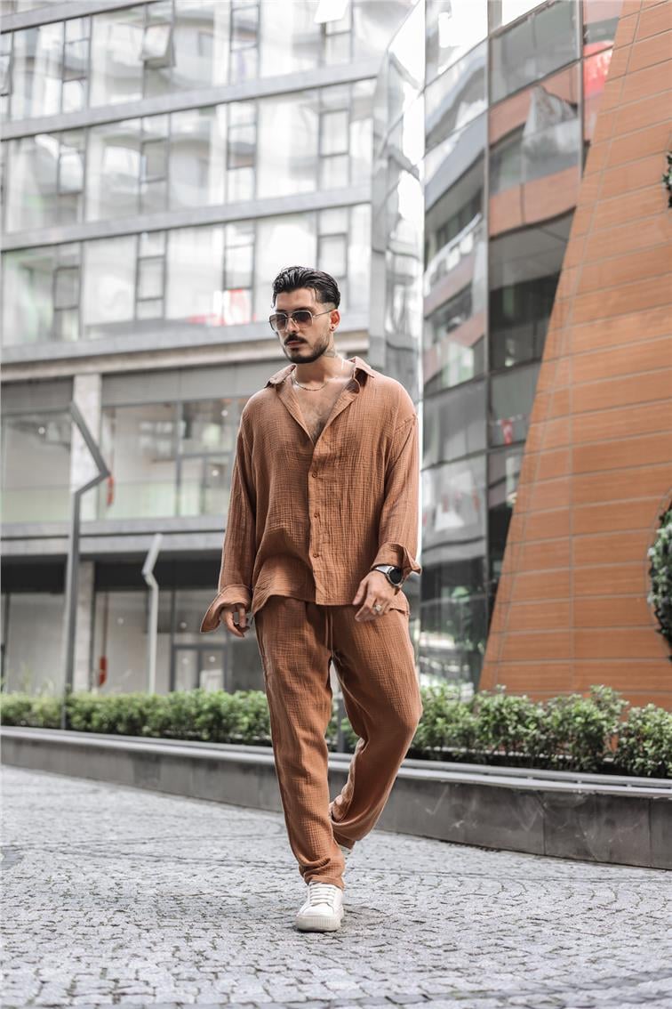 Müslin Kumaş Oversize Gömlek Taba