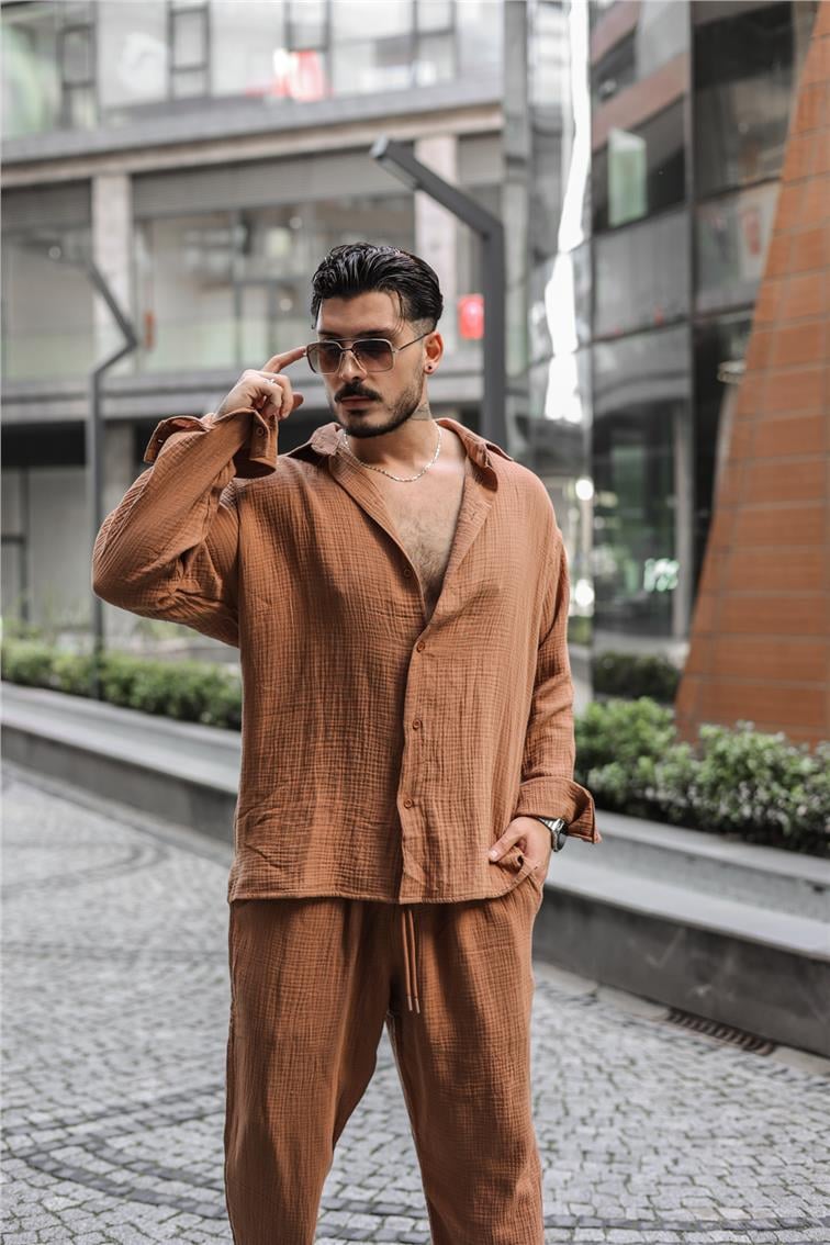 Müslin Kumaş Oversize Gömlek Taba