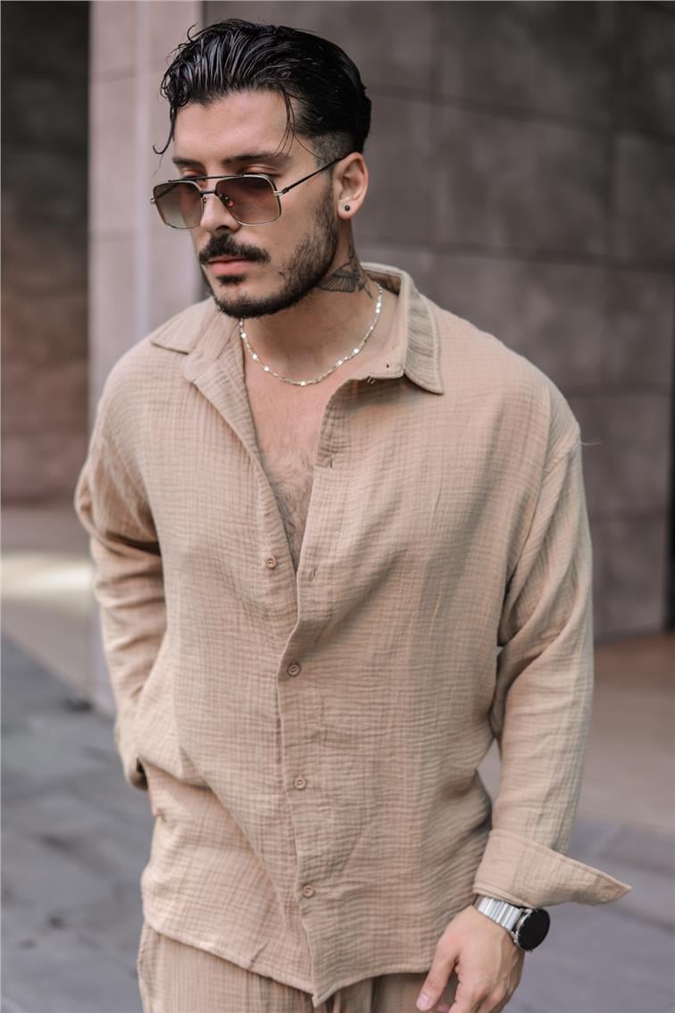 Müslin Kumaş Oversize Gömlek Vizon