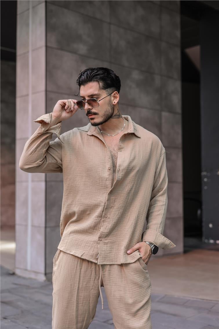 Müslin Kumaş Oversize Gömlek Vizon