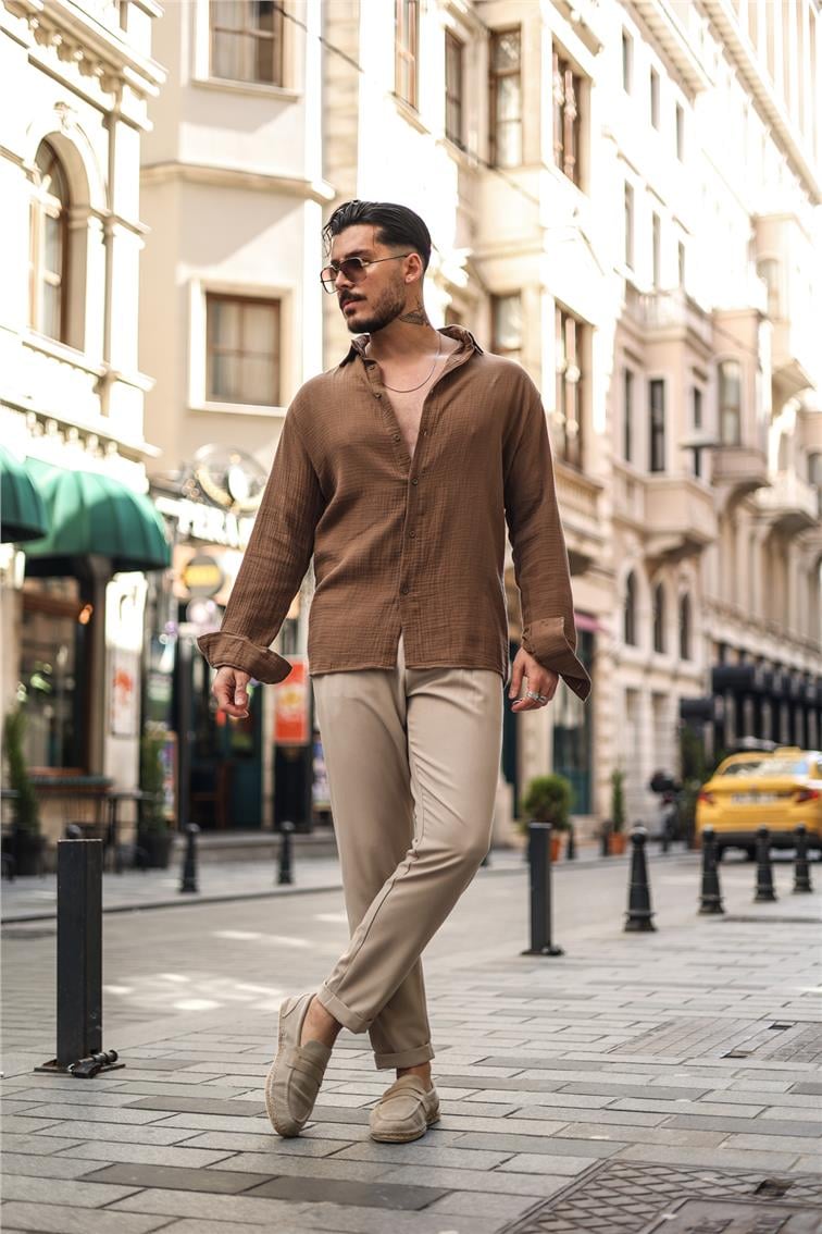 Müslin Oversize Gömlek Kahve