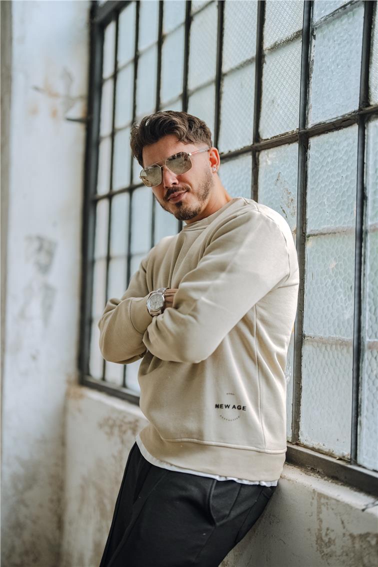 NEW AGE Baskılı Oversize Sweatshirt Açık Bej