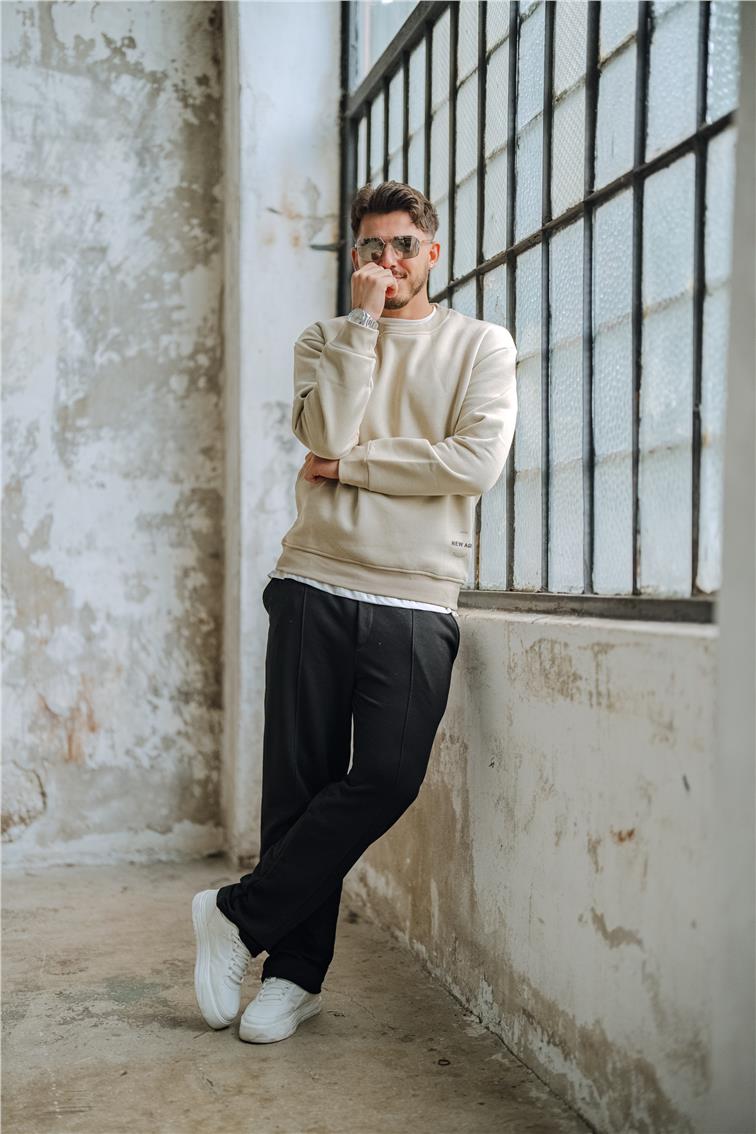 NEW AGE Baskılı Oversize Sweatshirt Açık Bej
