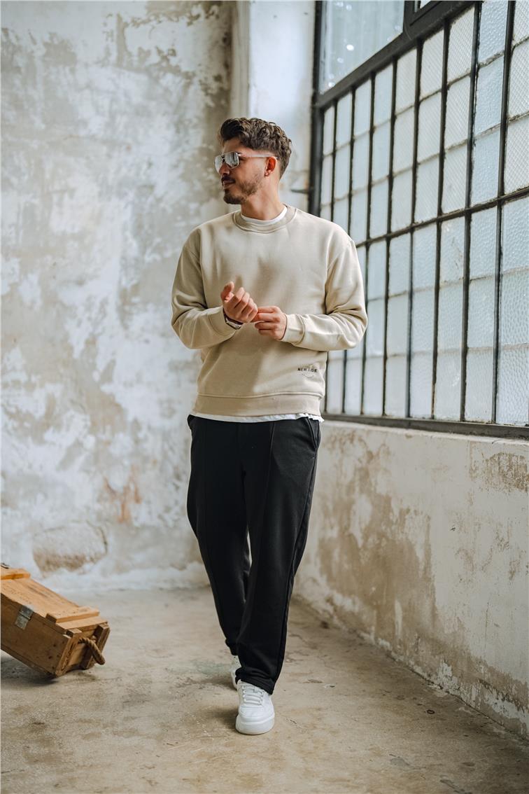 NEW AGE Baskılı Oversize Sweatshirt Açık Bej