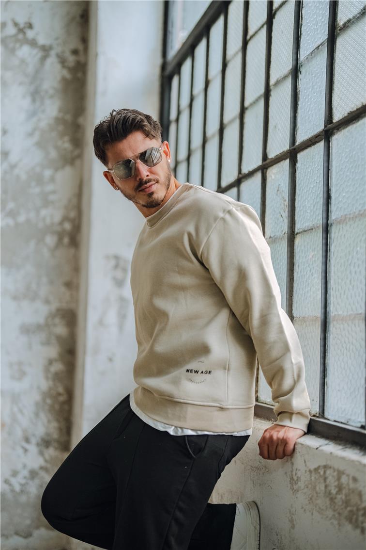 NEW AGE Baskılı Oversize Sweatshirt Açık Bej