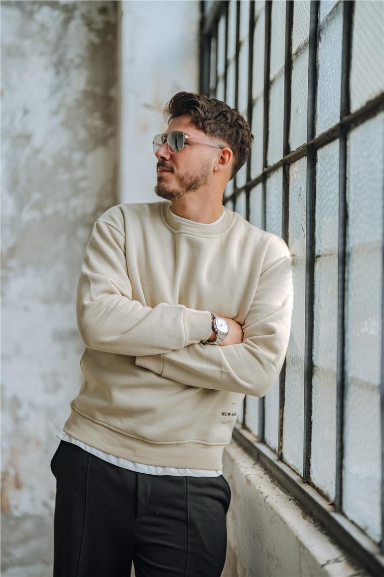 NEW AGE Baskılı Oversize Sweatshirt Açık Bej