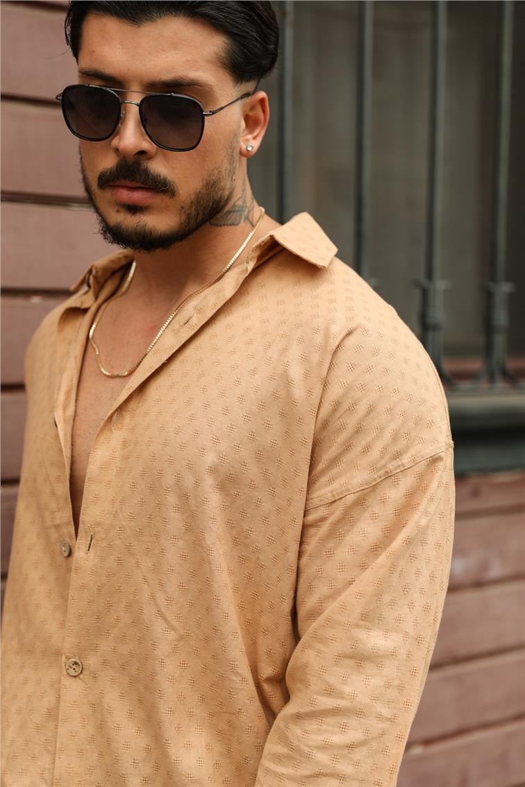 Nokta Örmeli Oversize Gömlek Camel