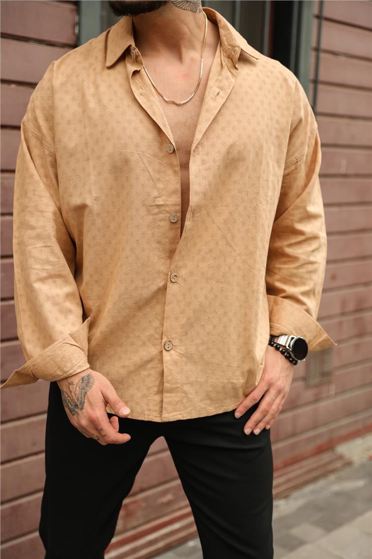 Nokta Örmeli Oversize Gömlek Camel