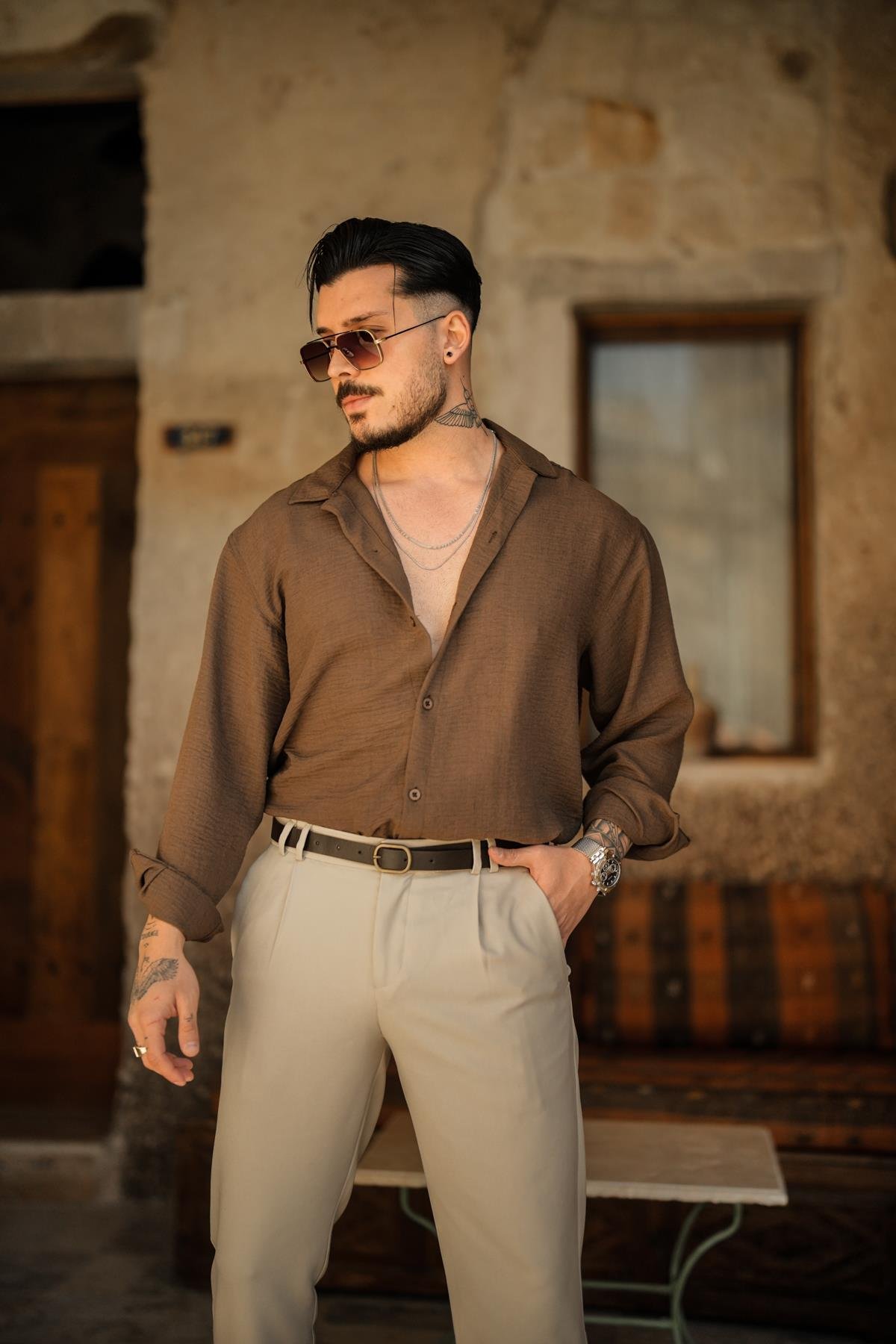 Non Iron Oversize Gömlek Kahve