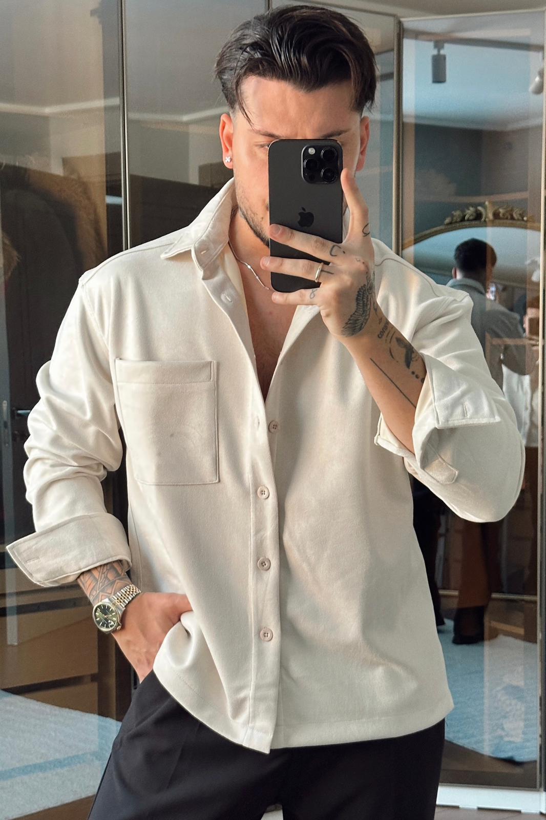 Nubuk Kumaş NGR Rahat Kalıp Gömlek Krem