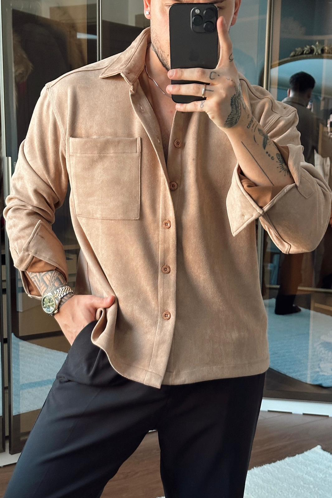 Nubuk Kumaş NGR Rahat Kalıp Gömlek Sütlü Kahve