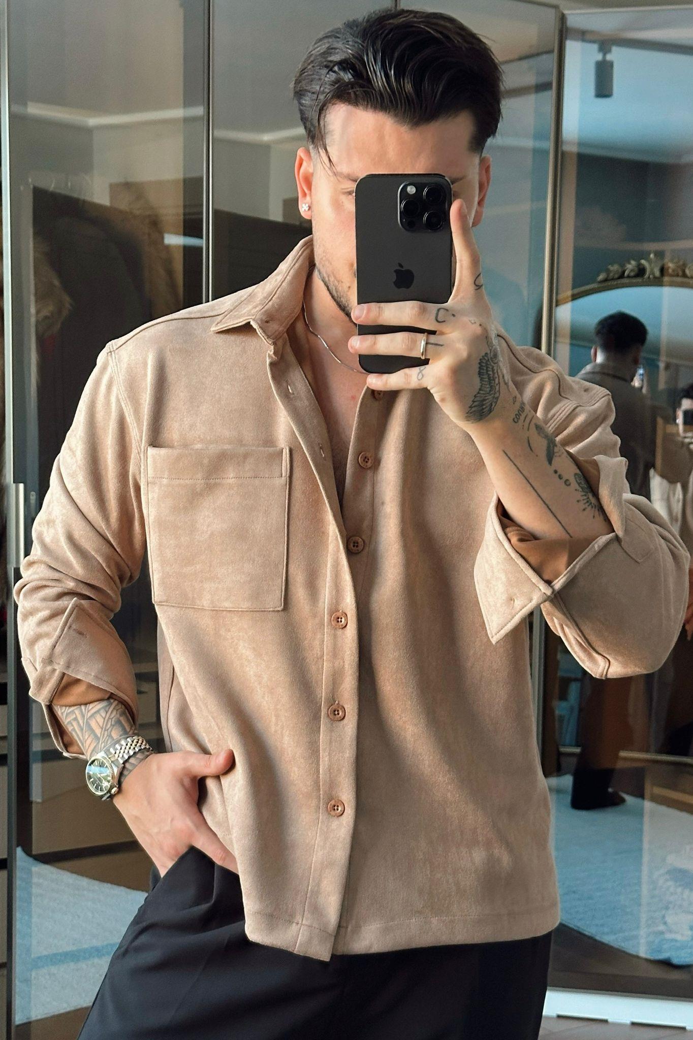 Nubuk Kumaş NGR Rahat Kalıp Gömlek Sütlü Kahve