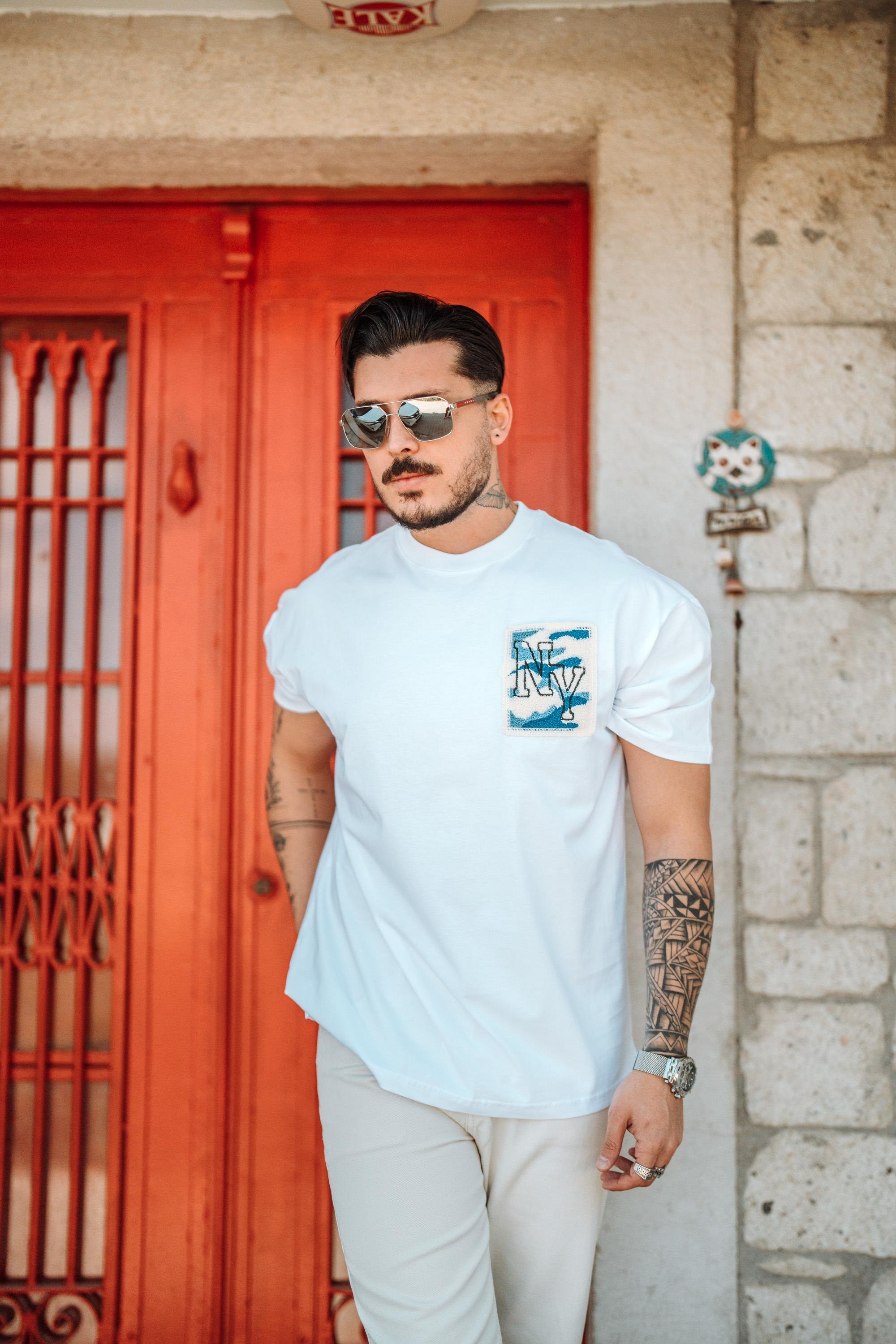 NY Nakışlı Oversize T-Shirt Beyaz