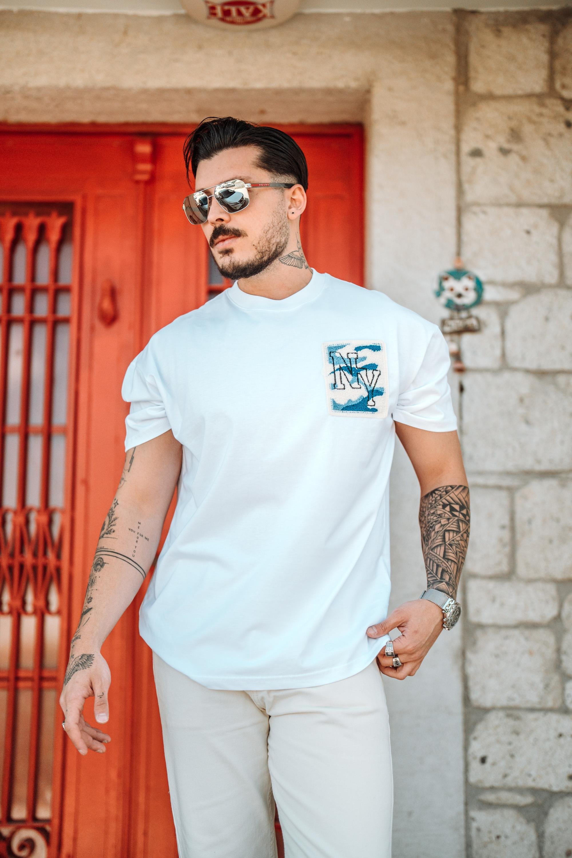 NY Nakışlı Oversize T-Shirt Beyaz