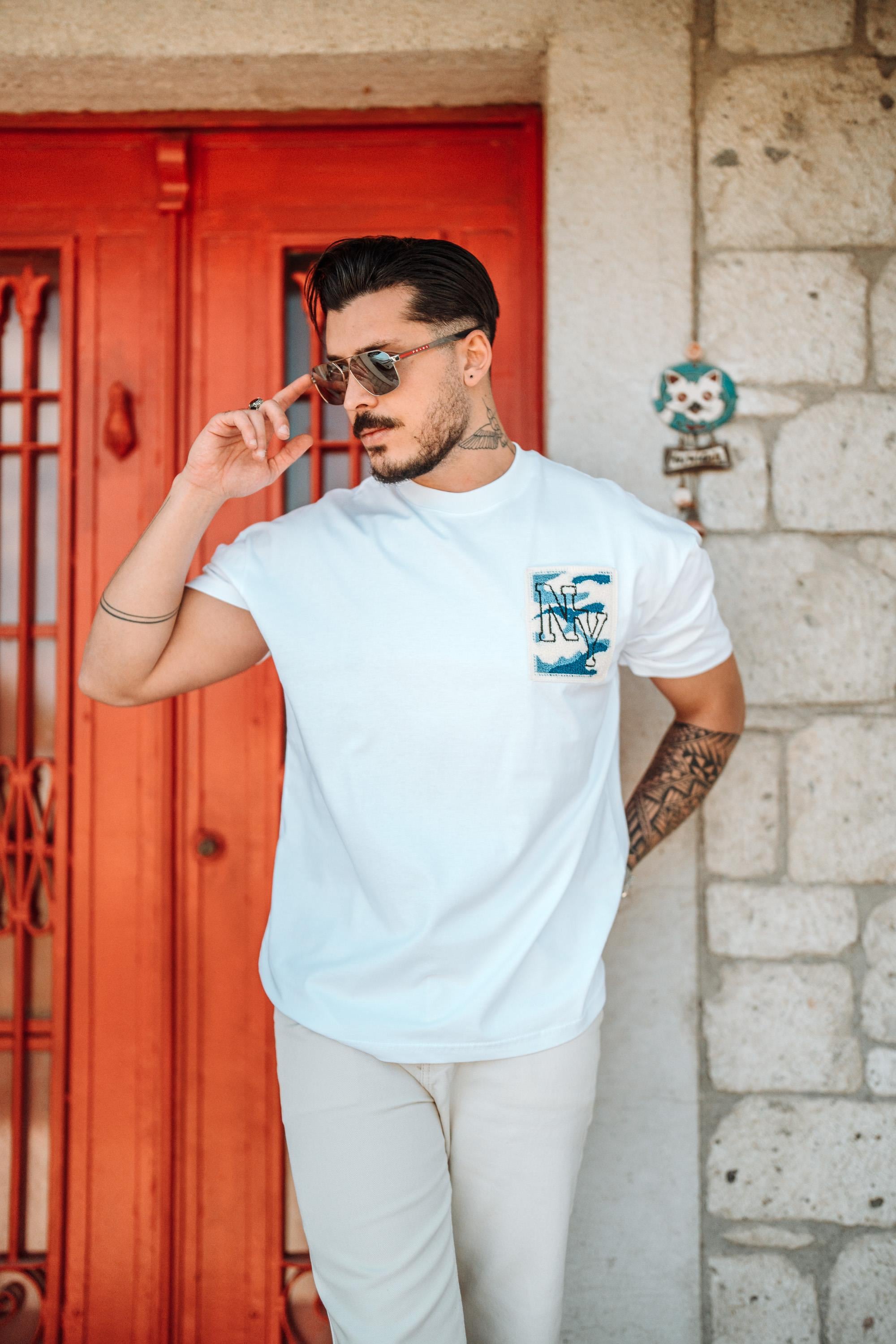 NY Nakışlı Oversize T-Shirt Beyaz