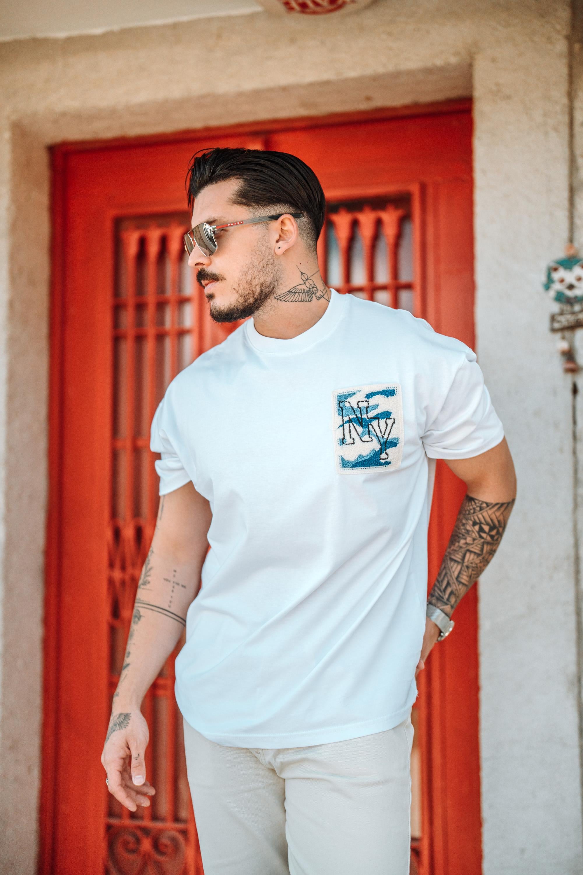 NY Nakışlı Oversize T-Shirt Beyaz