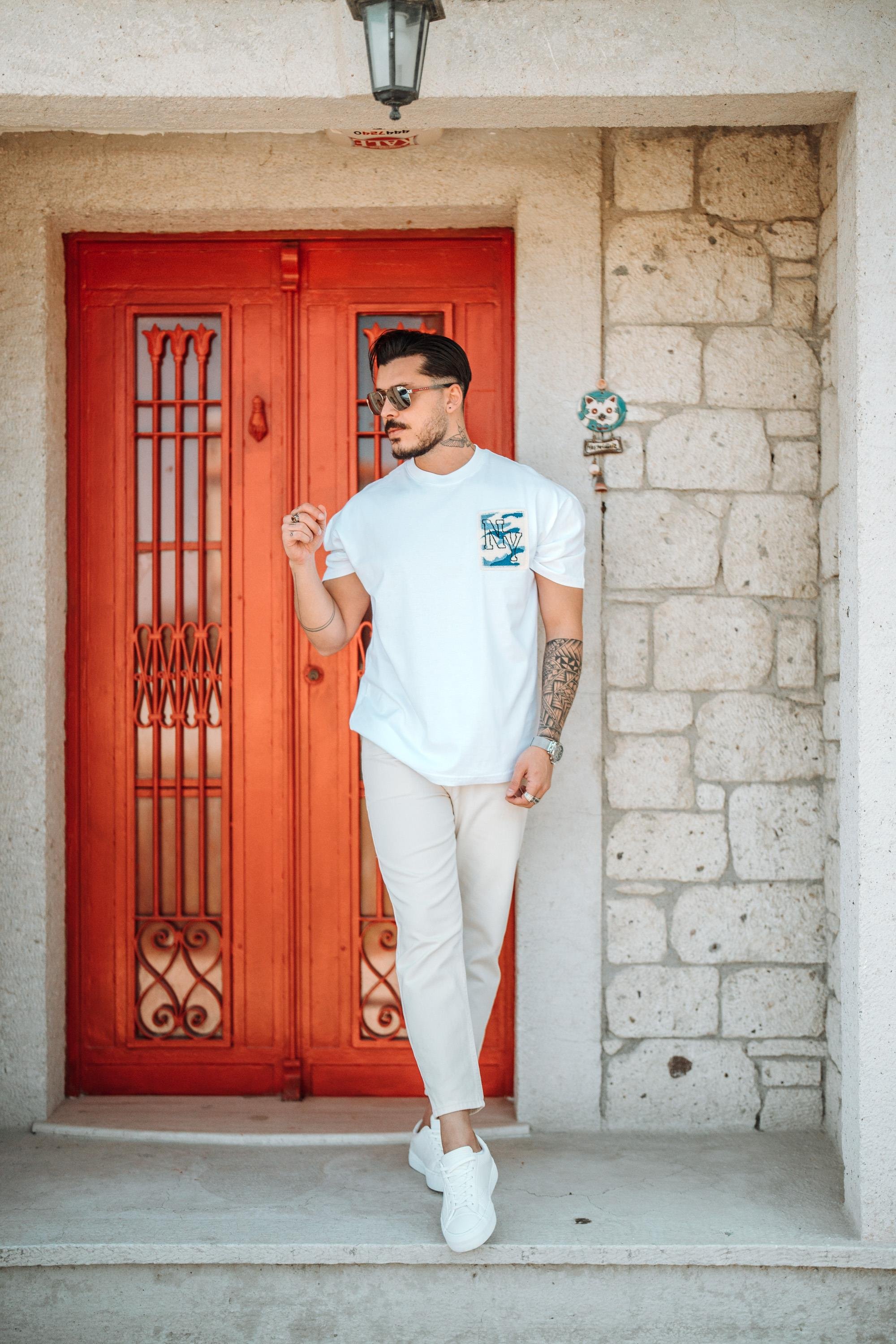 NY Nakışlı Oversize T-Shirt Beyaz