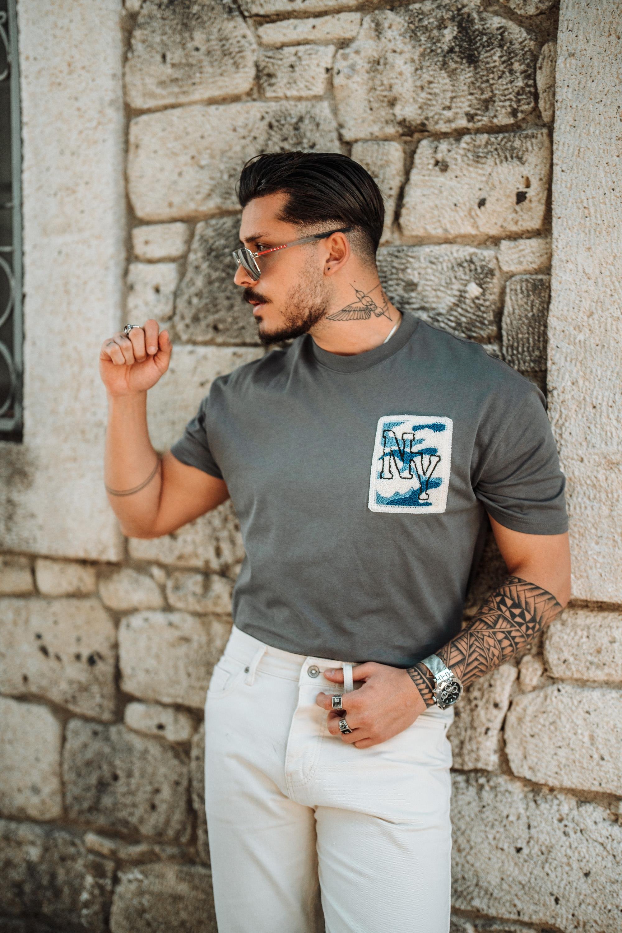NY Nakışlı Oversize T-Shirt Kurşun