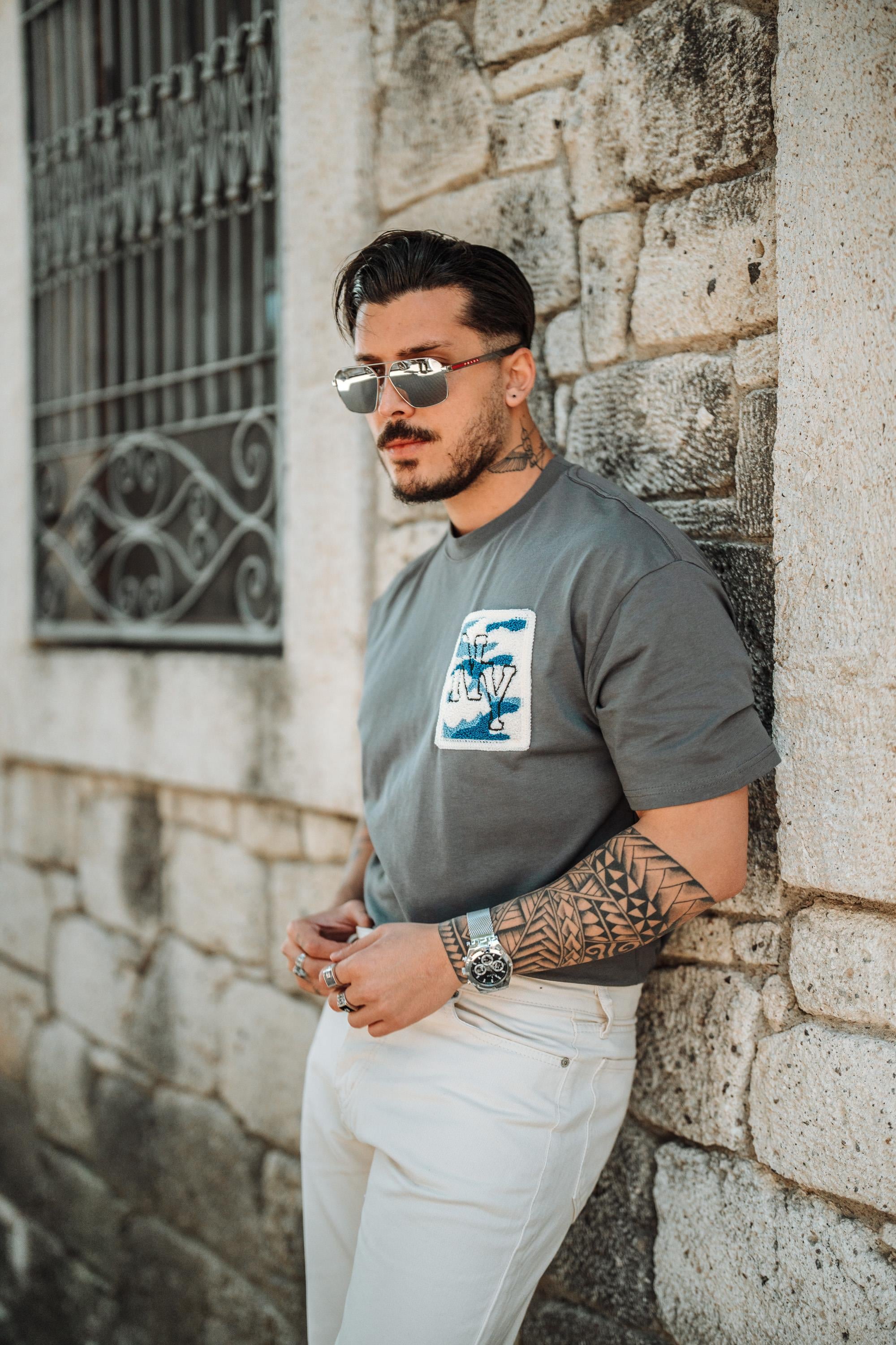 NY Nakışlı Oversize T-Shirt Kurşun