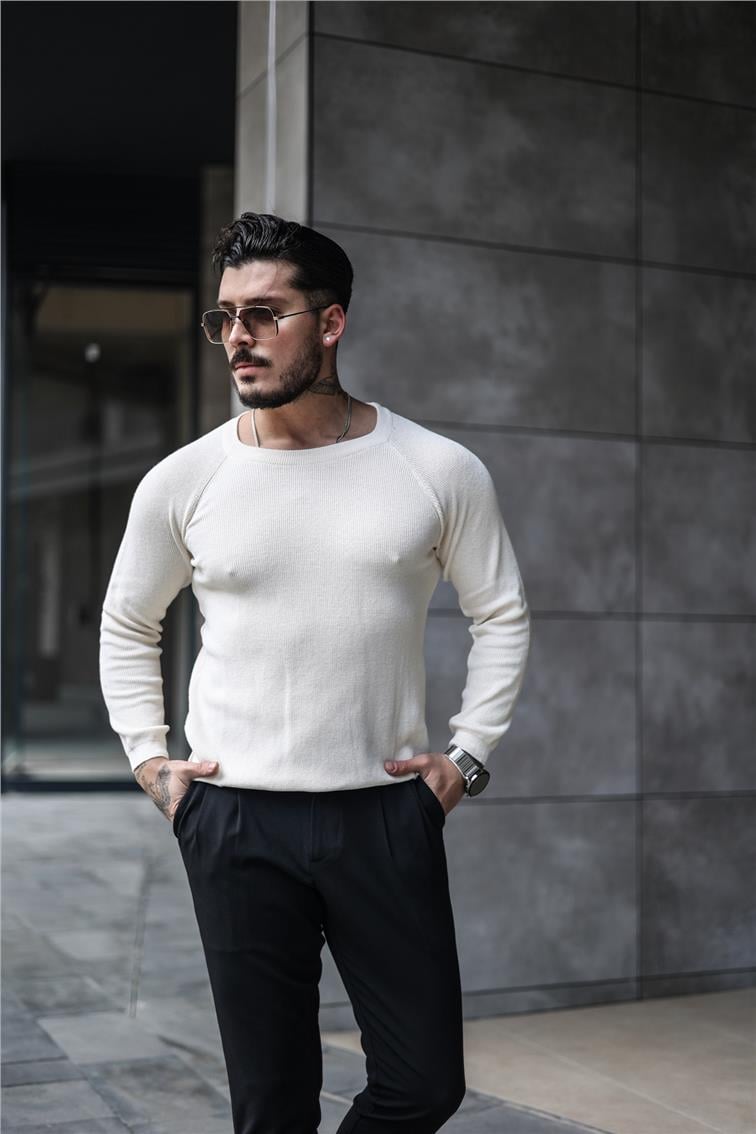 Omuz Detay Triko Örgülü Slim Fit Kazak Krem