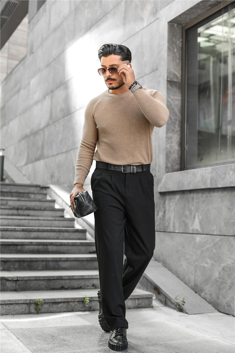 Omuz Detay Triko Örgülü Slim Fit Kazak Kahve
