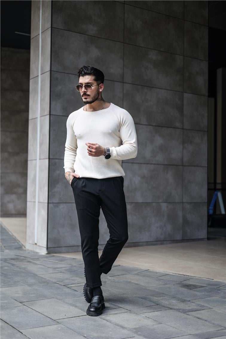 Omuz Detay Triko Örgülü Slim Fit Kazak Krem
